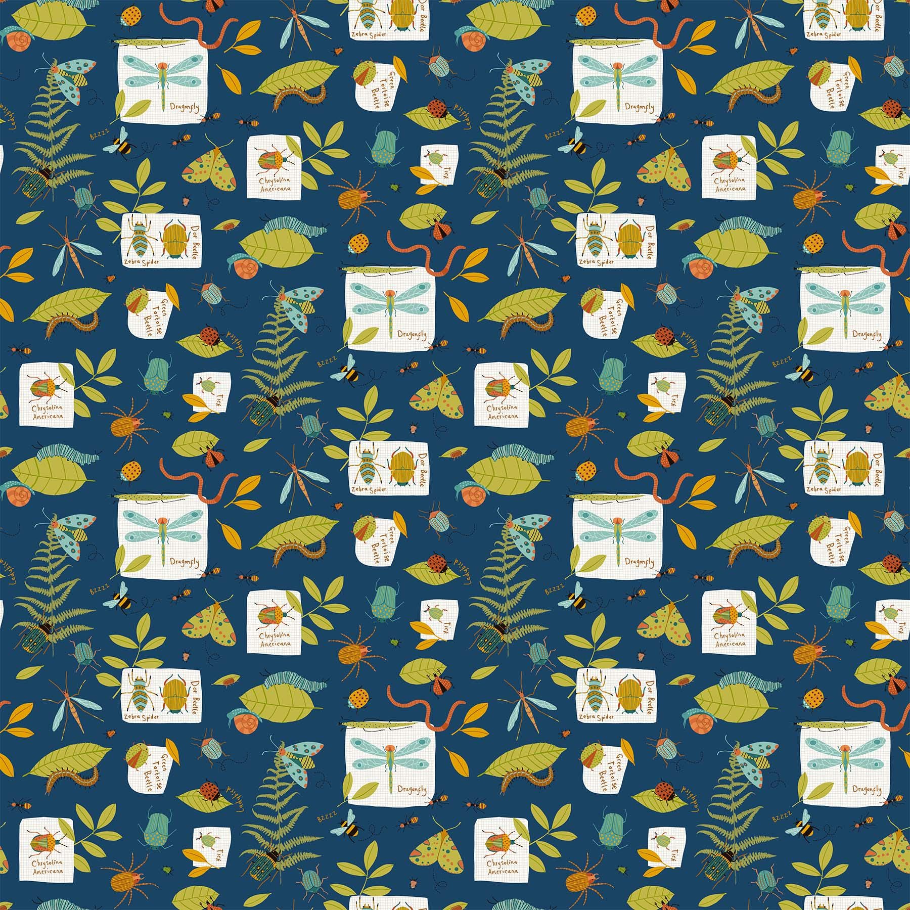 REMNANT 1 Yard 28" of Backyard Bug Collector - Navy Bug Collection Fabric, Northcott 27298-49, Kids Plants Bugs Insects Blue Fabric, Edwards