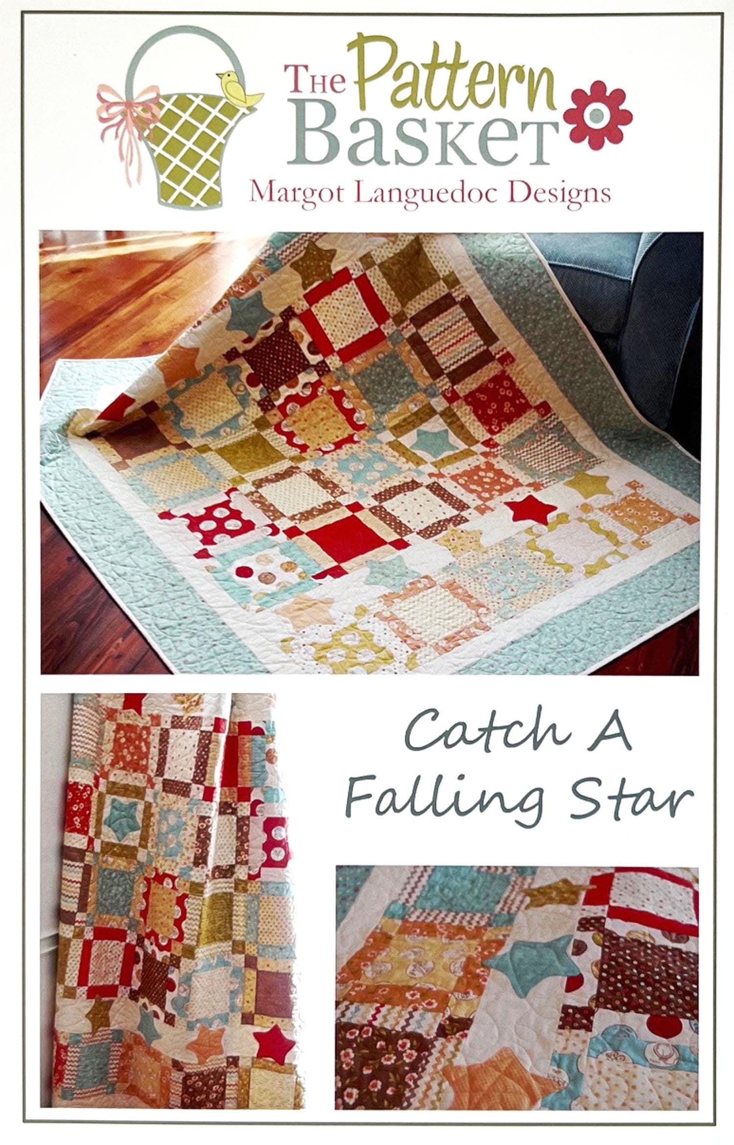 DESTASH Catch a Falling Star Quilt Pattern, The Pattern Basket TPB1007, Layer Cake Friendly Applique Star Throw Lap Quilt Pattern