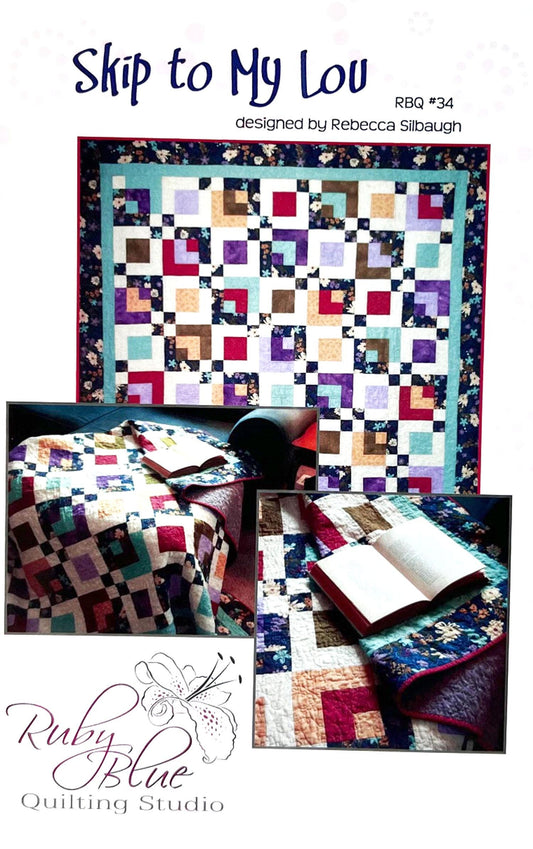 DESTASH Skip to My Lou Quilt Pattern, Ruby Blue Quilting RBQ34, Yardage Friendly Log Cabin Variation Throw Quilt Pattern