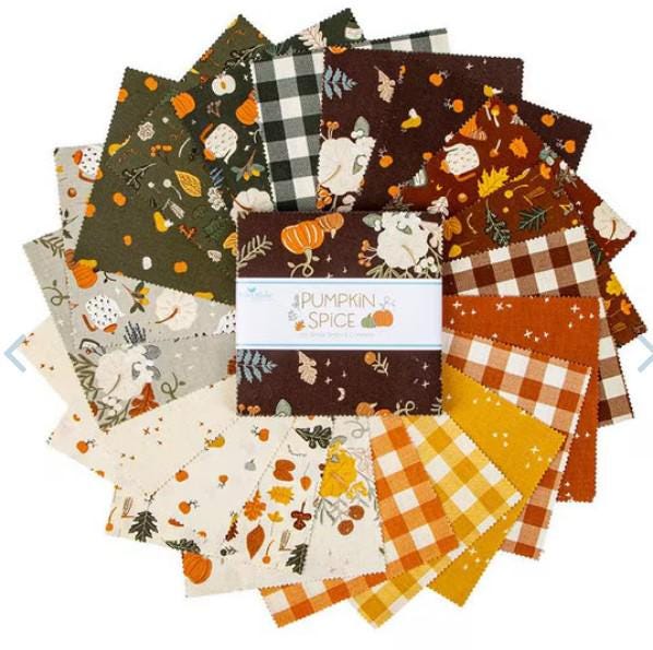 Pumpkin Spice 5" Stacker, Riley Blake 5-14990-42, Fall Autumn Harvest Floral Gingham Fabric Squares, Simple Simon