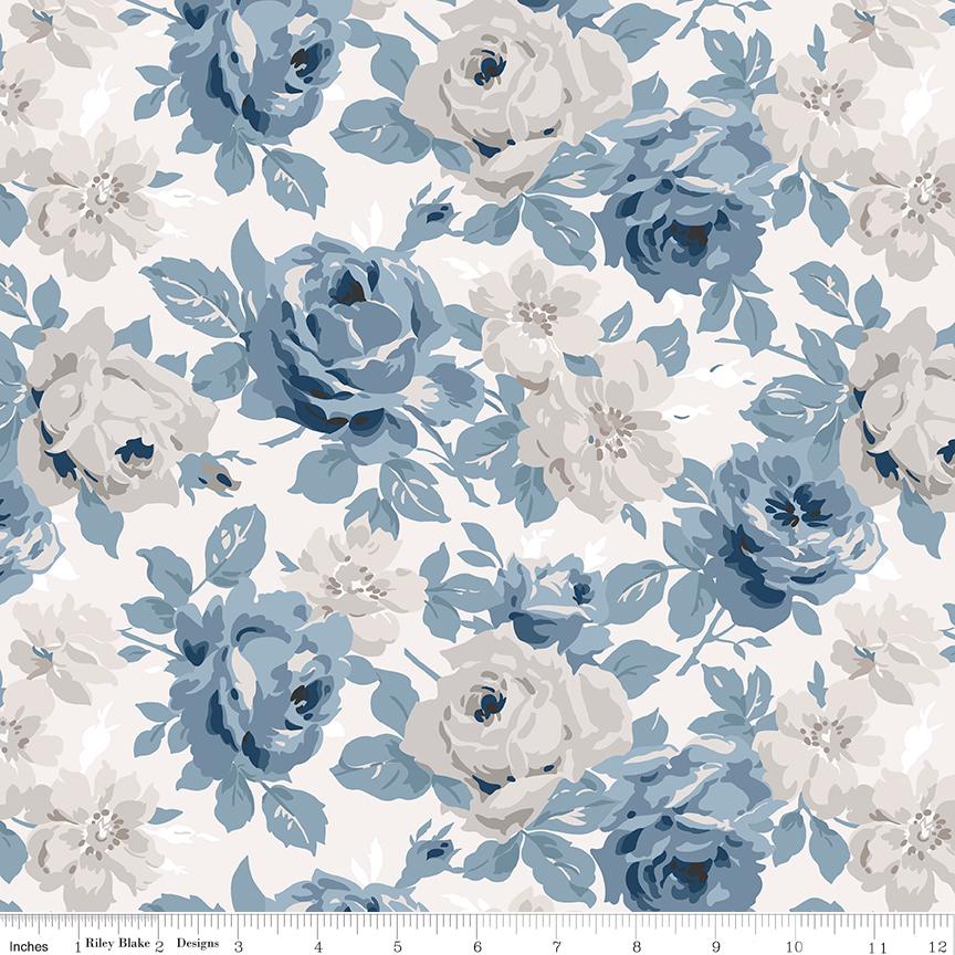 Serenity Blues 5" Stacker, Riley Blake 5-14780-42, 5" Precut Blue Taupe Gray Floral Fabric Squares, Gerri Robinson