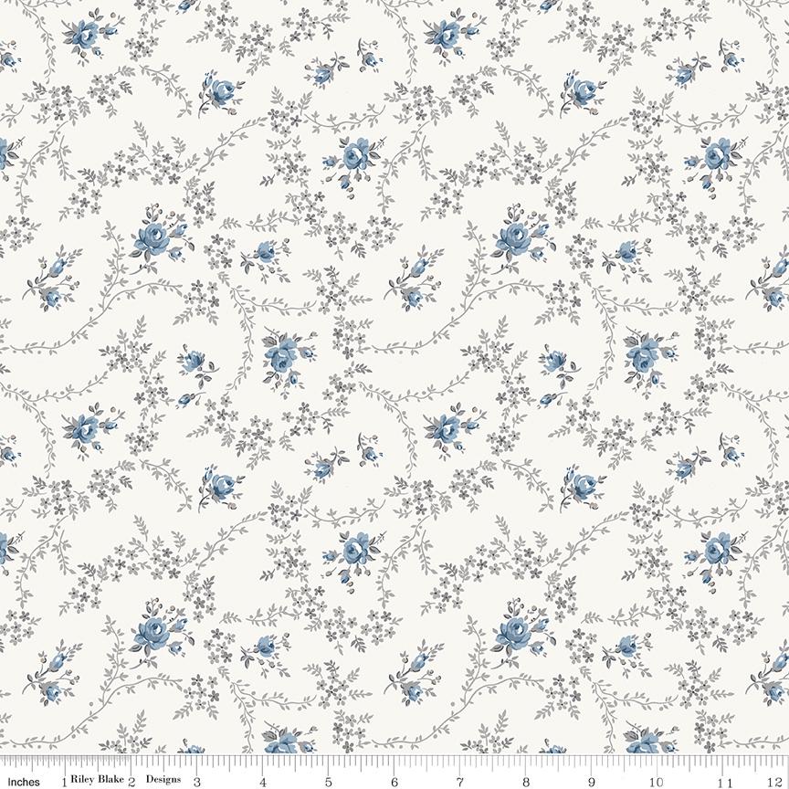 Serenity Blues 5" Stacker, Riley Blake 5-14780-42, 5" Precut Blue Taupe Gray Floral Fabric Squares, Gerri Robinson