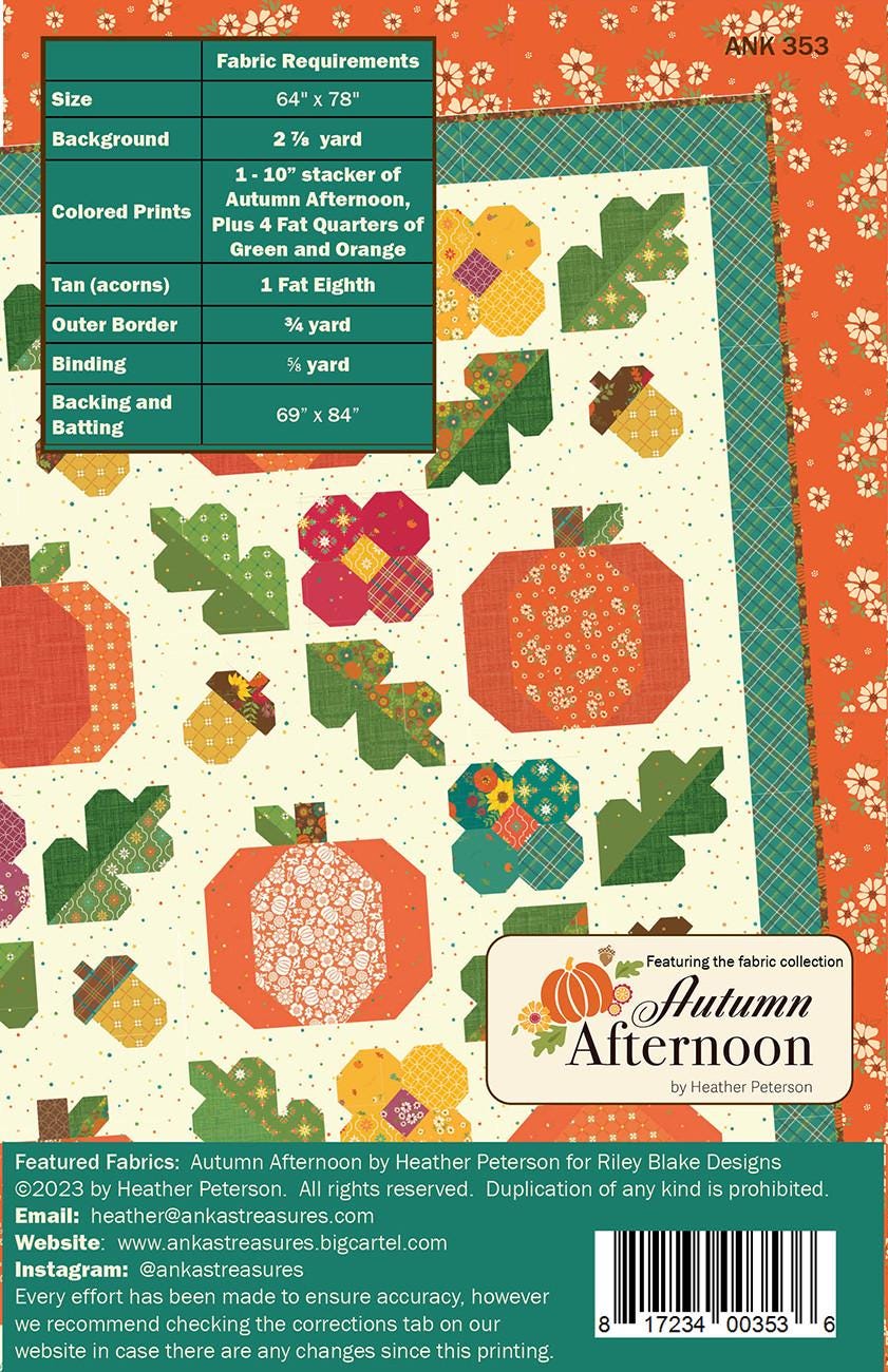 Under the Oaks Quilt Pattern, Anka's Treasures ANK353, Layer Cake Friendly Pumpkins Oak Leaves Acorns Fall Quilt Pattern