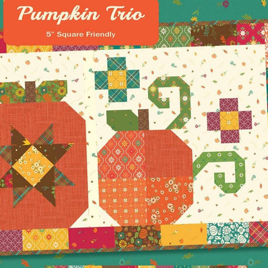 Pumpkin Trio Quilt Pattern, Anka's Treasures ANK356, 5" Charm Square Friendly Pumpkins Table Runner Topper Quilt Pattern, Heather Peterson