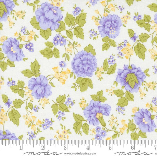 Georgia - Main Lavender Yellow Flowers on Off White Fabric, Moda 18770 11, Lavender Yellow Green Floral Fabric, Brenda Riddle, By the Yard