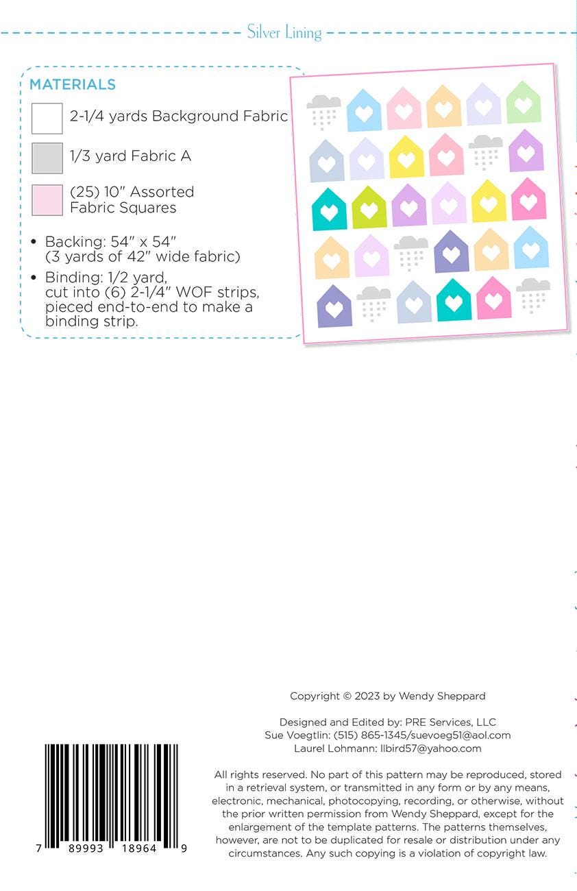 Silver Lining Quilt Pattern, Wendy Sheppard WS64, Layer Cake 10" Square Friendly Houses Clouds Wall Crib Quilt Pattern