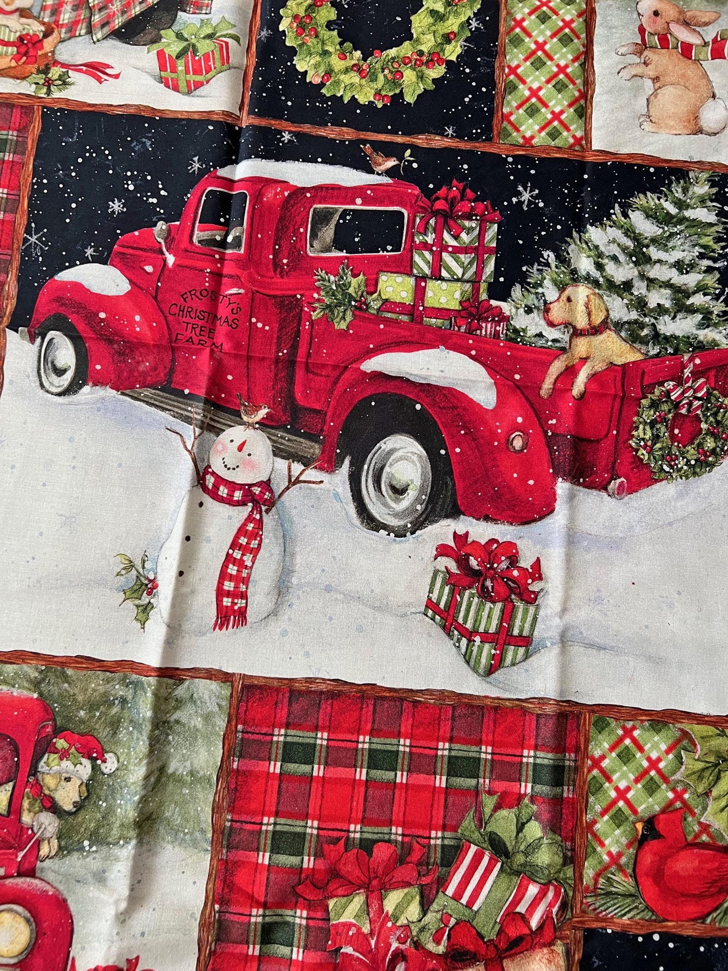 DESTASH Red Truck Collage 36" Fabric Panel, Springs Creative CP66689, Christmas Xmas Truck Dogs Cardinals Fabric Panel