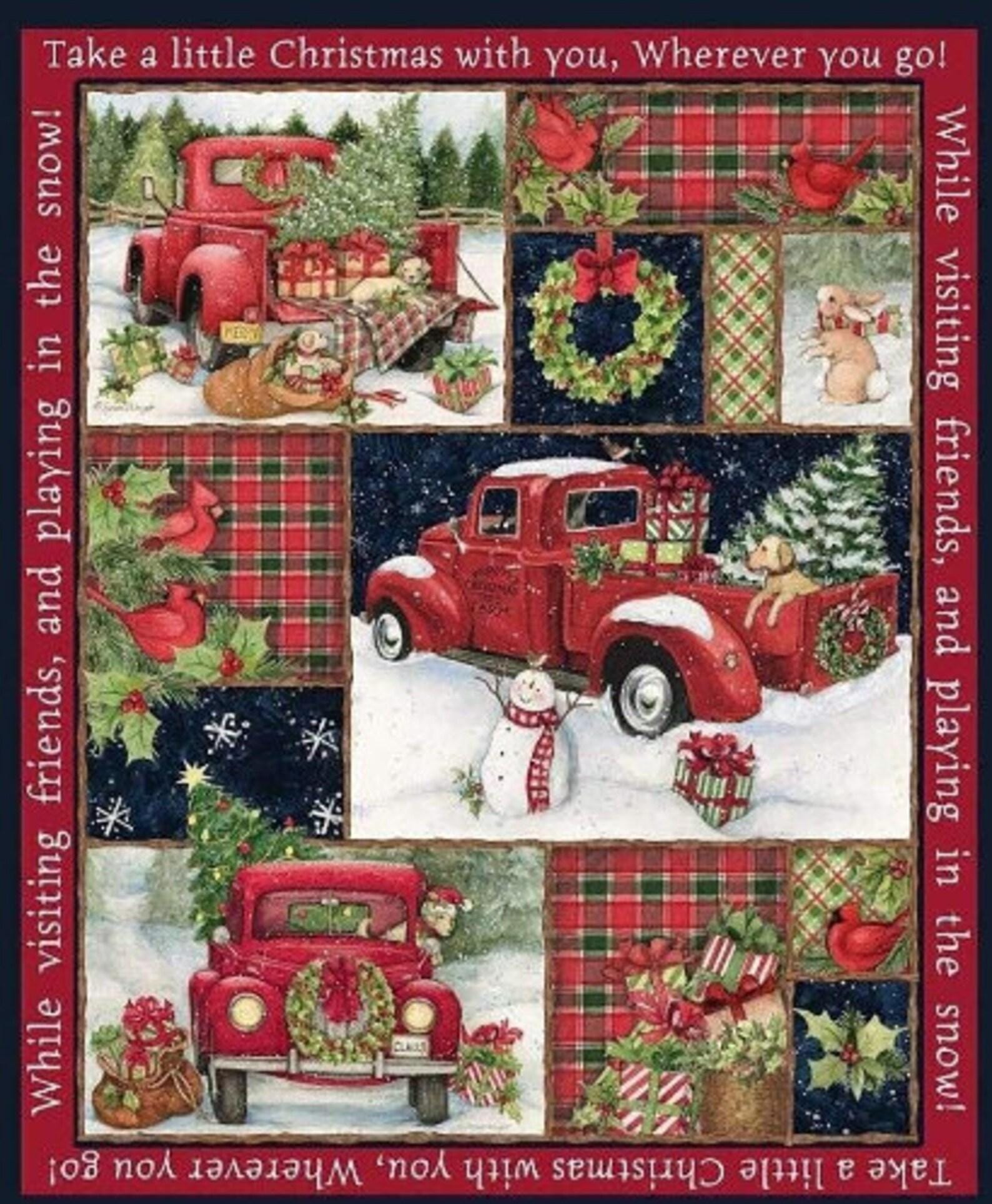 DESTASH Red Truck Collage 36" Fabric Panel, Springs Creative CP66689, Christmas Xmas Truck Dogs Cardinals Fabric Panel