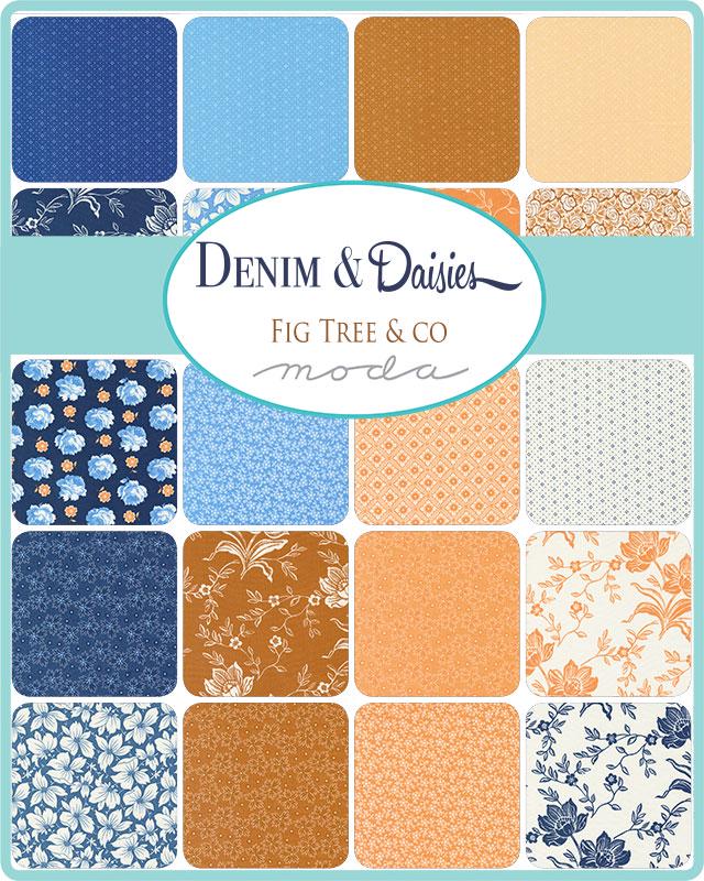 Denim and Daisies Layer Cake, Moda 35380LC, 10" Precut Floral Orange Blue Fabric Squares, Fig Tree