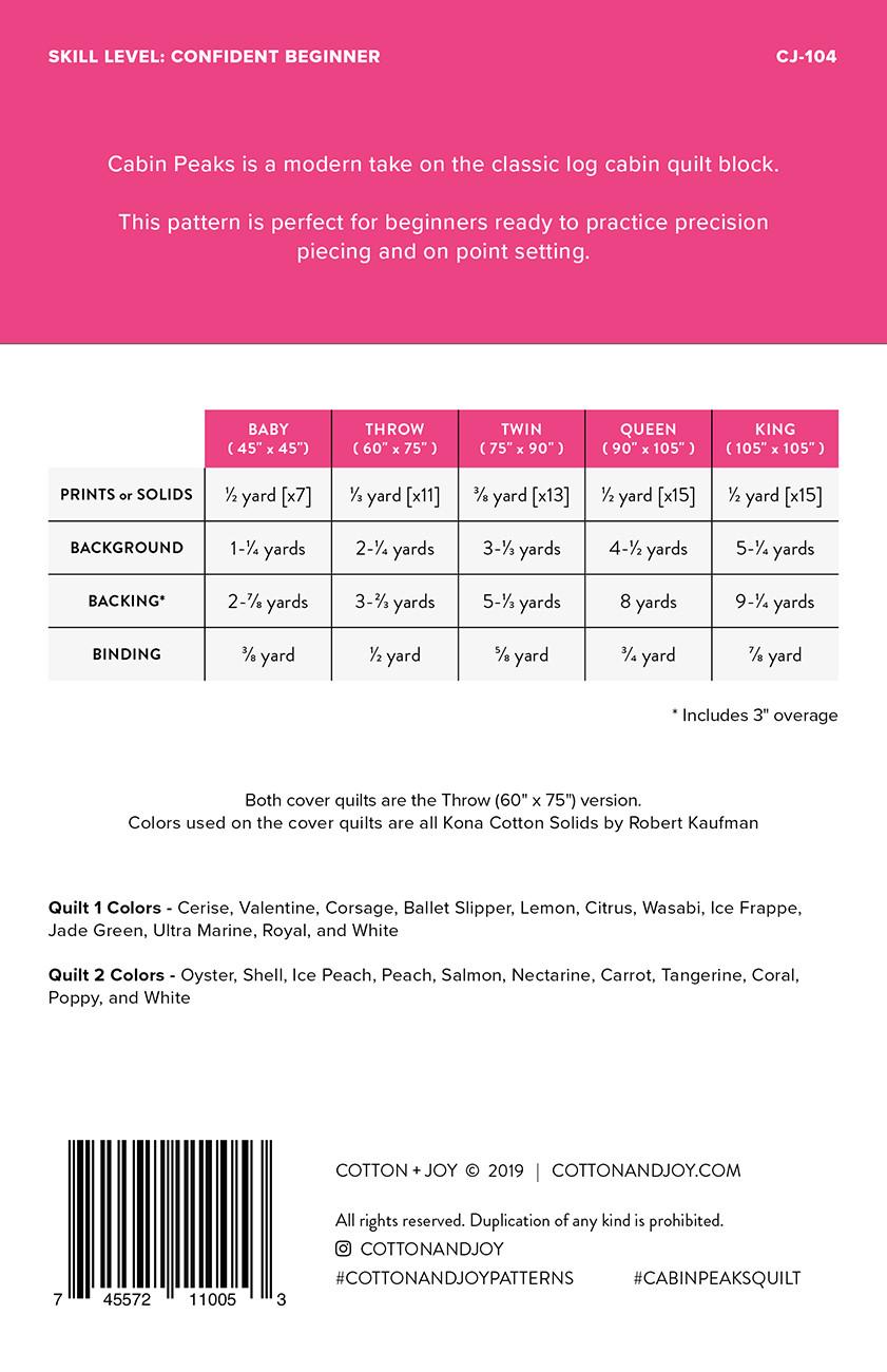 Cabin Peaks Quilt Pattern, Cotton and Joy CJ104, Yardage Friendly Modern Baby Throw Twin Queen King Bed Quilt Pattern