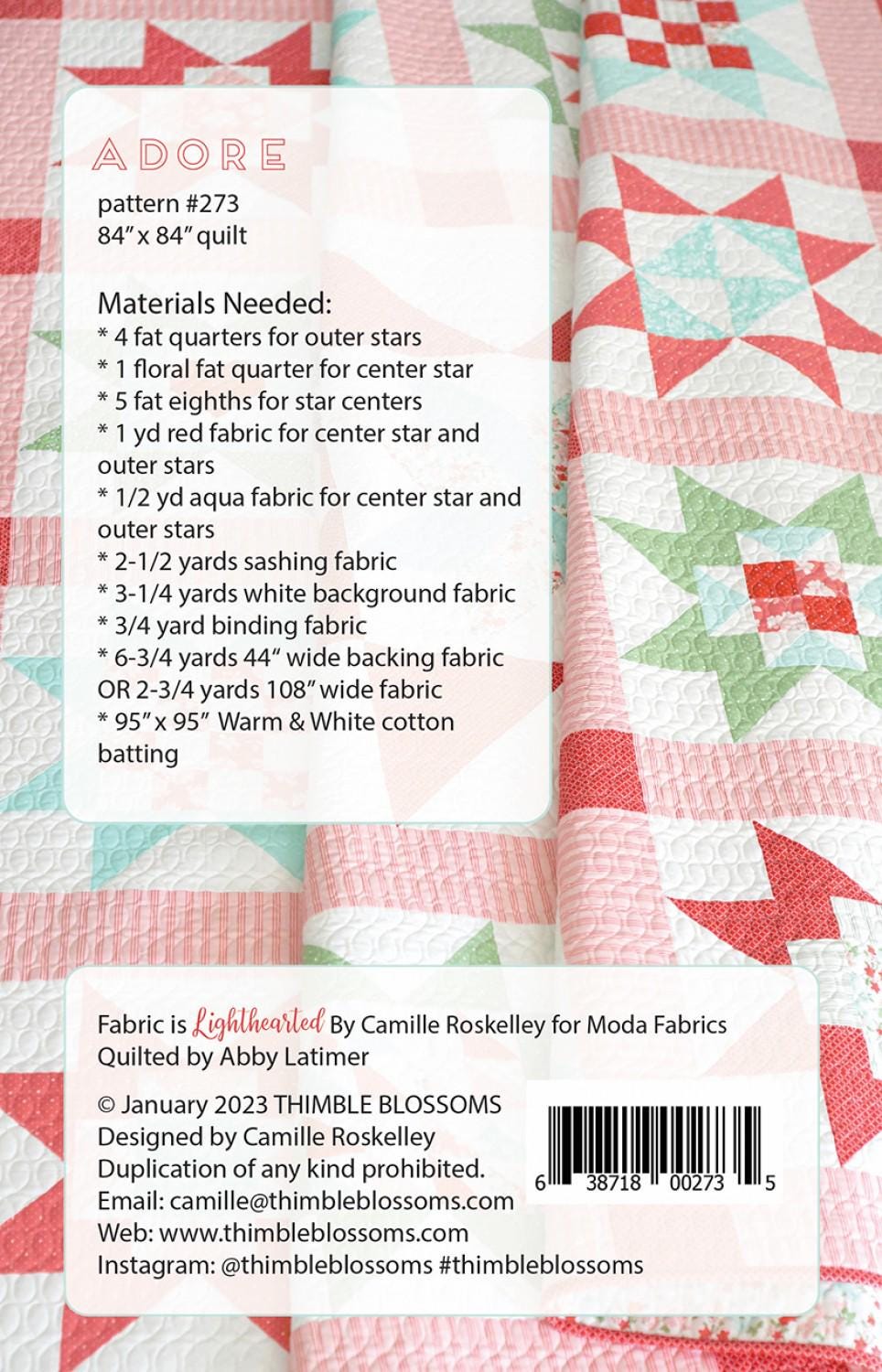 Adore Quilt Pattern, Thimble Blossoms TB273, Fat Quarter FQ Yardage Friendly Stars Throw Bed Square Quilt Pattern