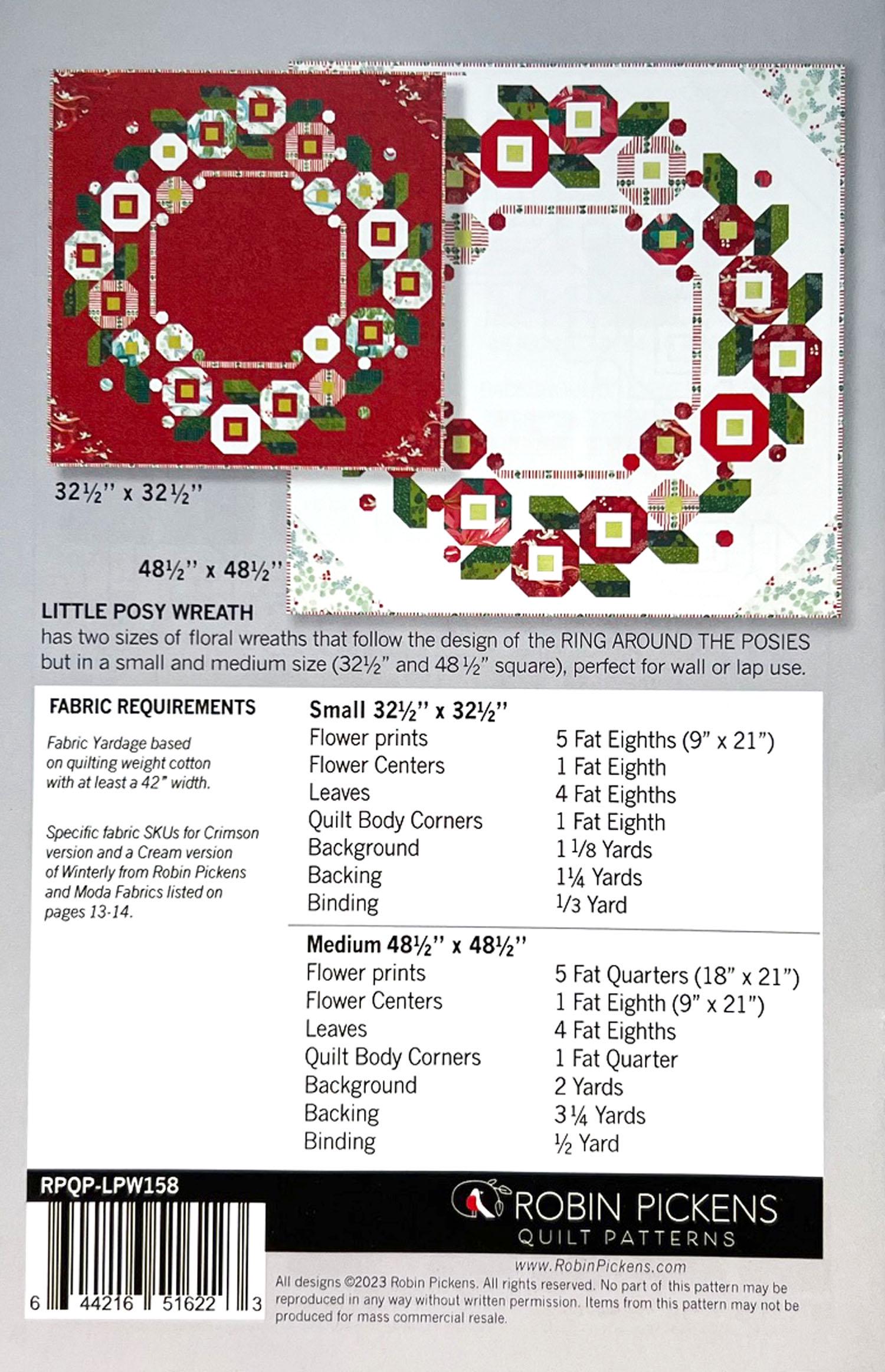 Little Posy Wreath Quilt Pattern, Robin Pickens RPQP-LPW158, Fat Eighths Quarters Friendly Square Wall Table Flower Wreath Quilt Pattern