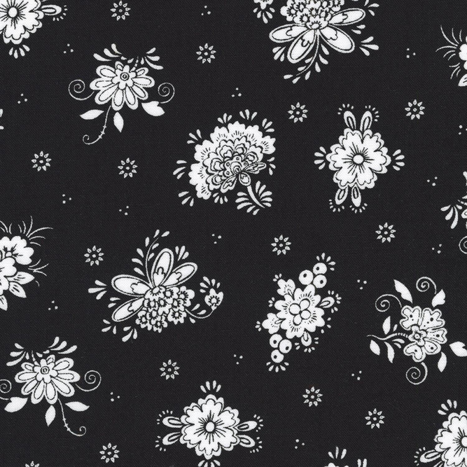 Blackout Ten Square, Robert Kaufman TEN-1340-42, Black White Gray Floral 10" Precut Fabric Squares