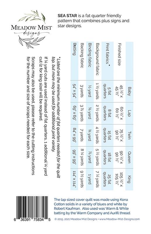 Sea Star Quilt Pattern, Meadow Mist Designs MMD1019, Fat Quarter FQ Friendly Baby Lap Twin Queen King Quilt Pattern