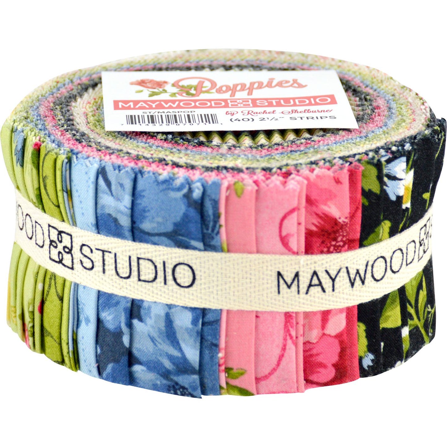 DESTASH Poppies 2.5" Strips, Maywood Studio ST-MASPOP, 2.5" Precut Floral Fabric Strips, Pink Green Blue Black Fabric Strip Roll