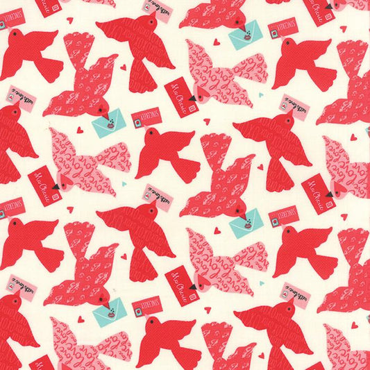 REMNANT 20" of Kiss Kiss - Air Mail Birds on Cream Fabric, Moda 35251-11, Pink Red Turquois Valentine's Day Fabric