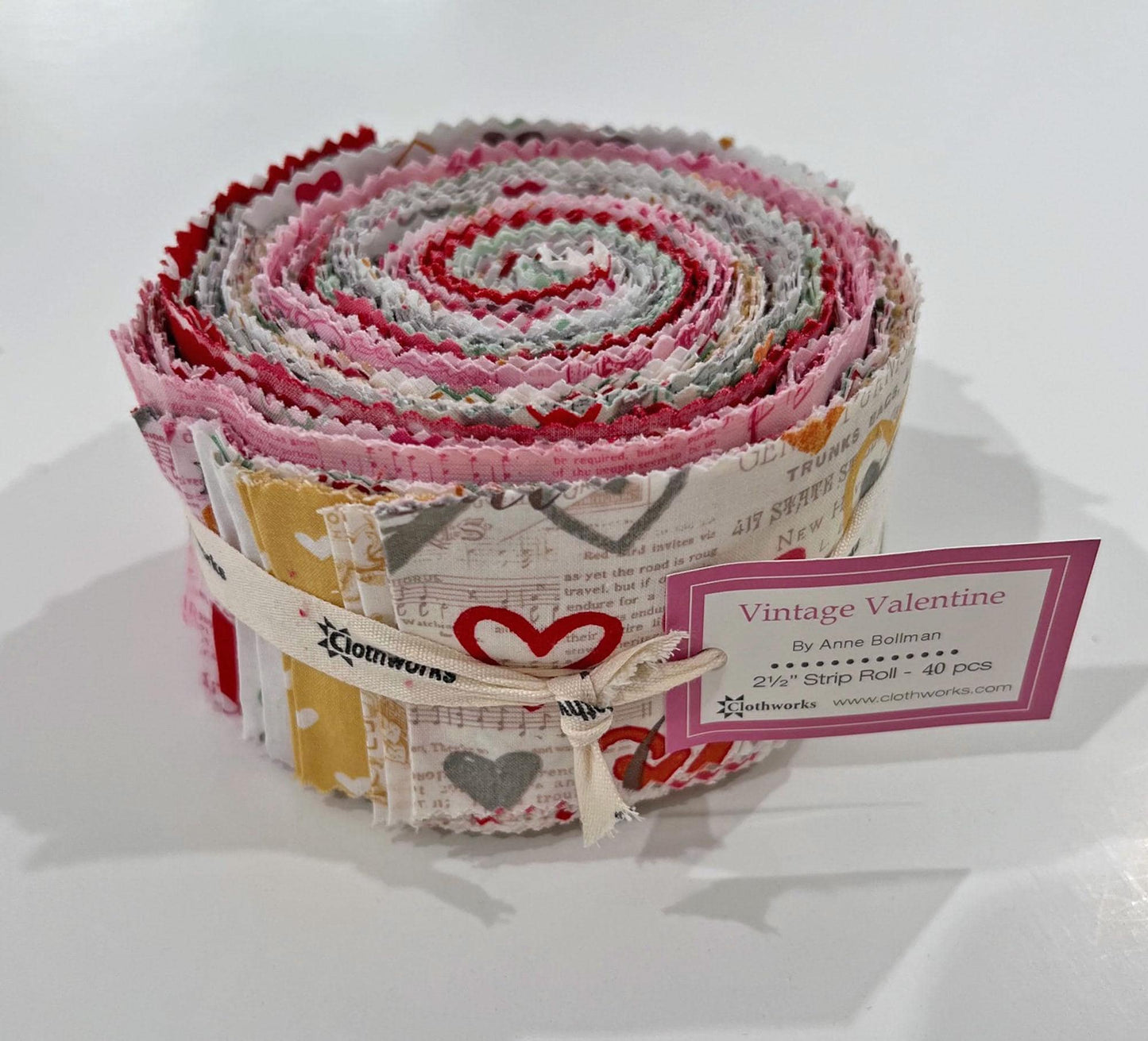 DESTASH Vintage Valentine 2.5" Strips, Clothworks ST0462, 2.5" Precut Pink Red Mint Yellow Valentine's Day Fabric Strips, Anne Bollman