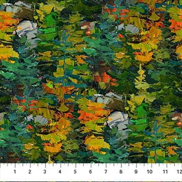 Silent Lake - Evergreen Trees Dark Green Fabric, Northcott DP27253-76, Digitally Printed Autumn Landscape Tree Foliage Fabric