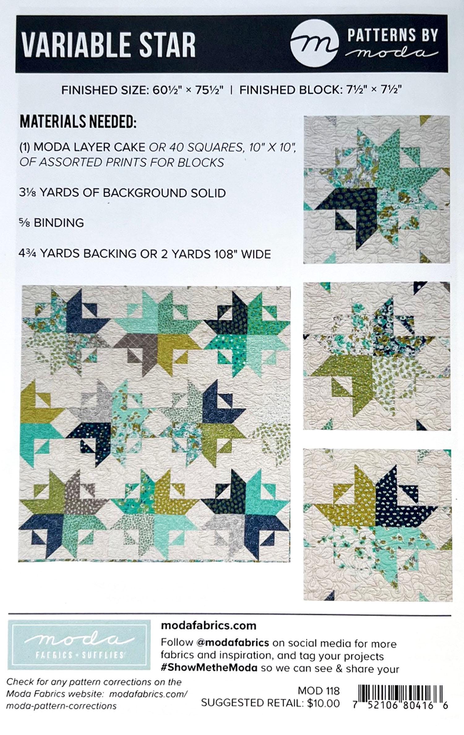 Variable Star Quilt Pattern, Moda MOD118, Layer Cake 10" Square Friendly Star Throw Quilt Pattern