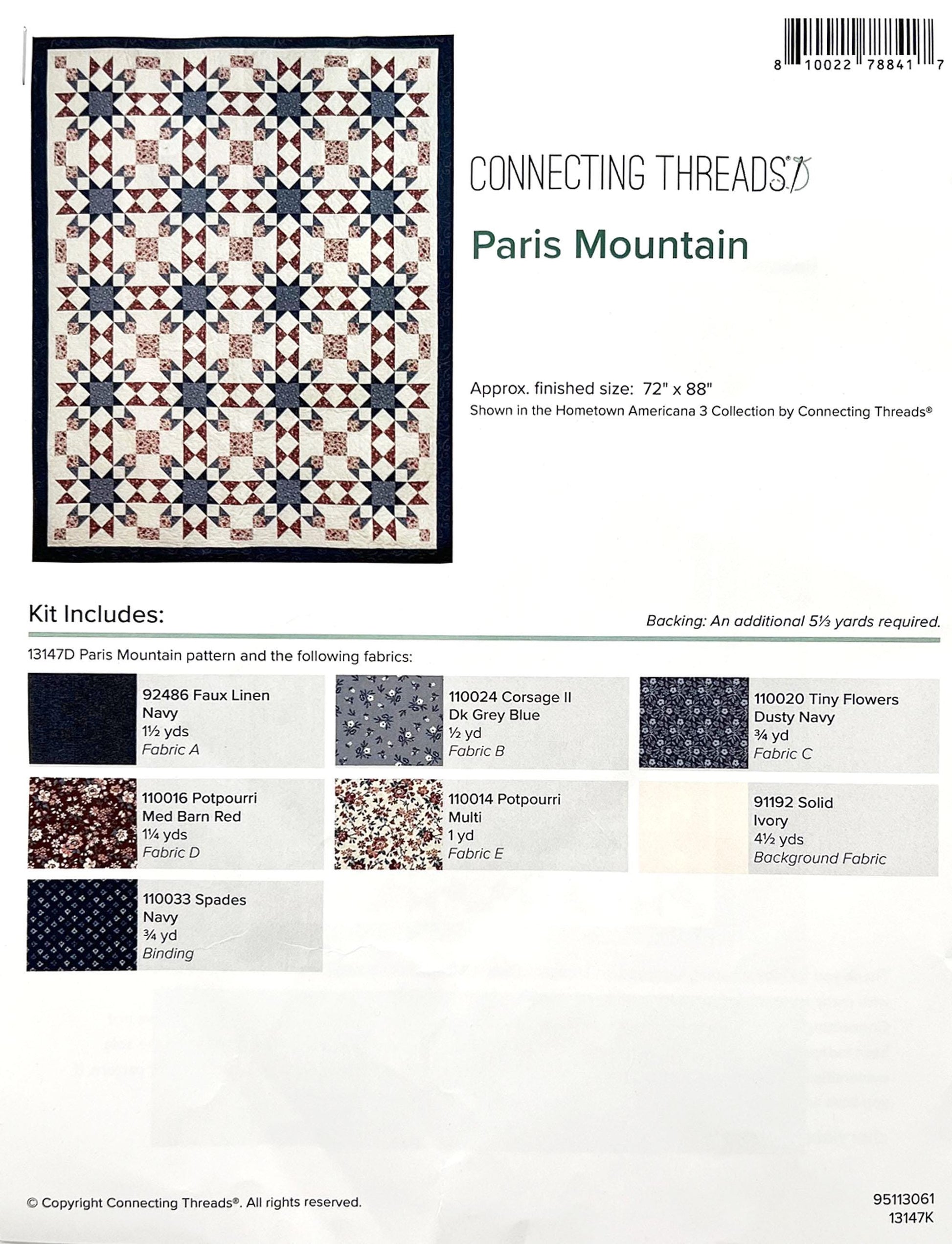 DESTASH Paris Mountain Patriotic Throw Quilt Kit, Connecting Threads 13147D, Hometown Americana 3 Kit, Quilts of Valor Kit