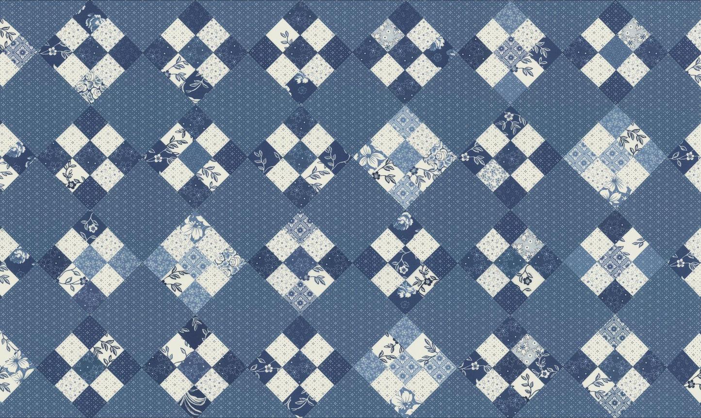 REMNANT 1 Yard 9" of Denim and Daisies - Blue Sweet Sixteen Patchwork 60" Cheater Fabric, Moda 35388 12, Fig Tree Co