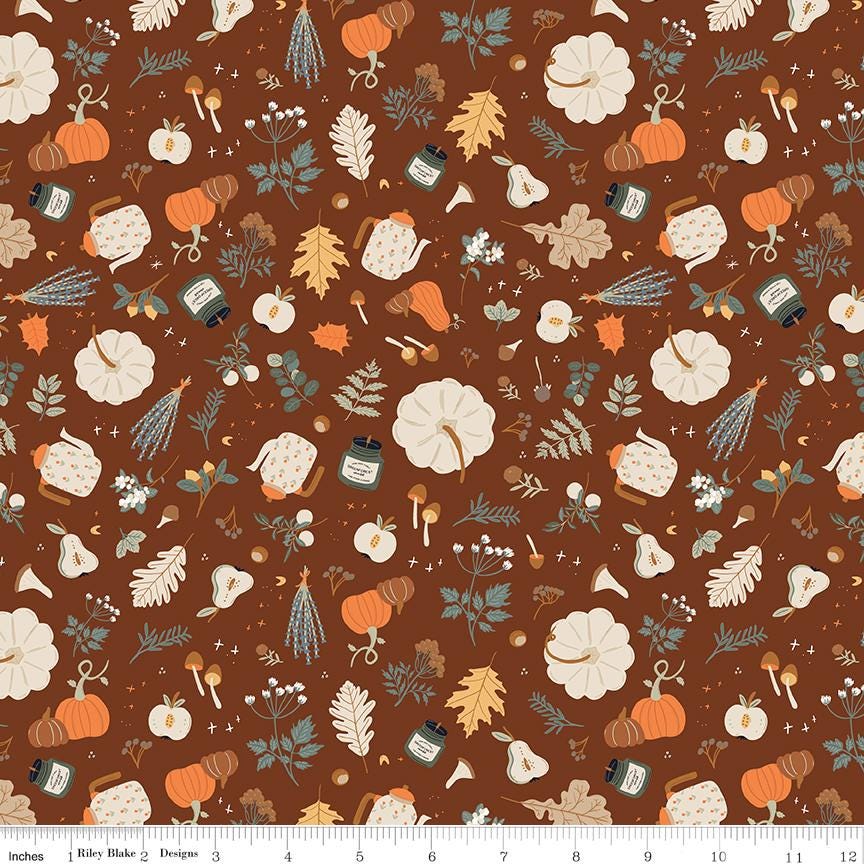 Pumpkin Spice 5" Stacker, Riley Blake 5-14990-42, Fall Autumn Harvest Floral Gingham Fabric Squares, Simple Simon