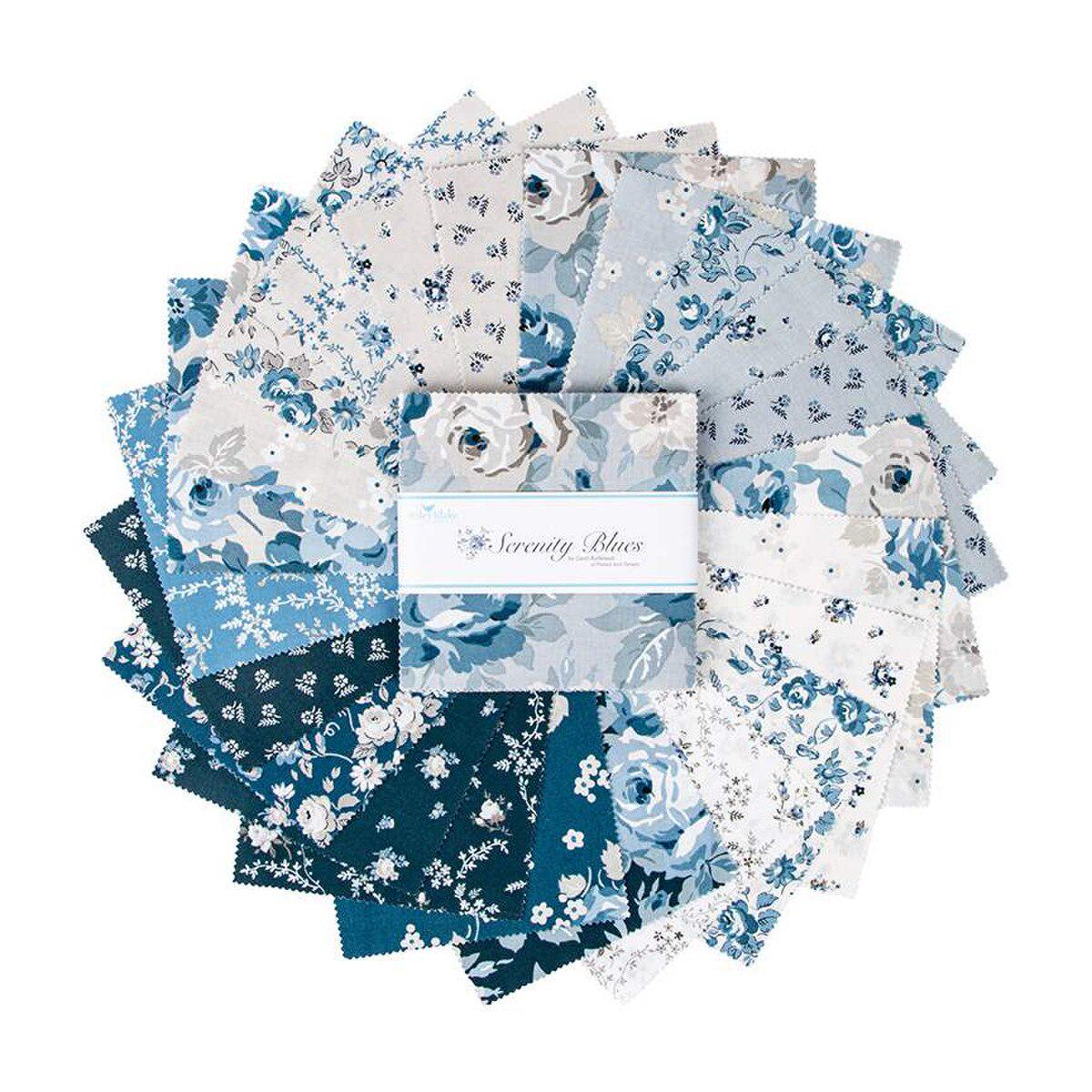 Serenity Blues 5" Stacker, Riley Blake 5-14780-42, 5" Precut Blue Taupe Gray Floral Fabric Squares, Gerri Robinson