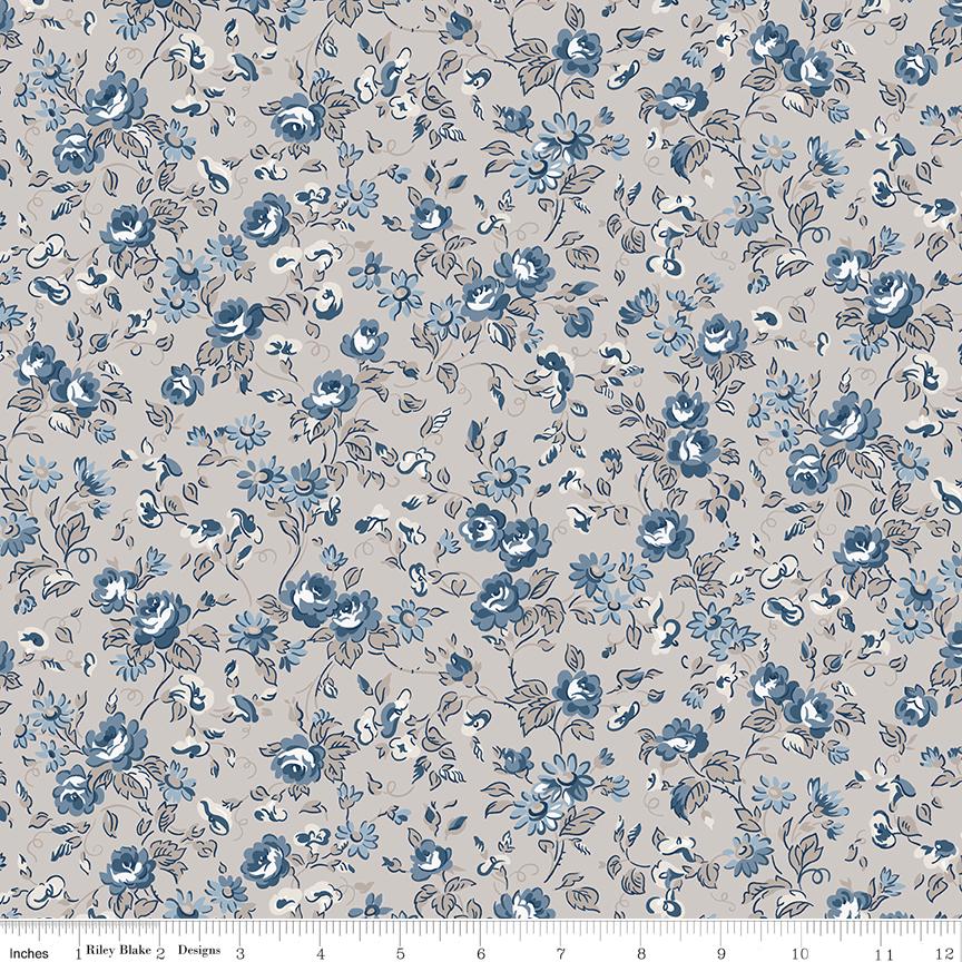 Serenity Blues 5" Stacker, Riley Blake 5-14780-42, 5" Precut Blue Taupe Gray Floral Fabric Squares, Gerri Robinson