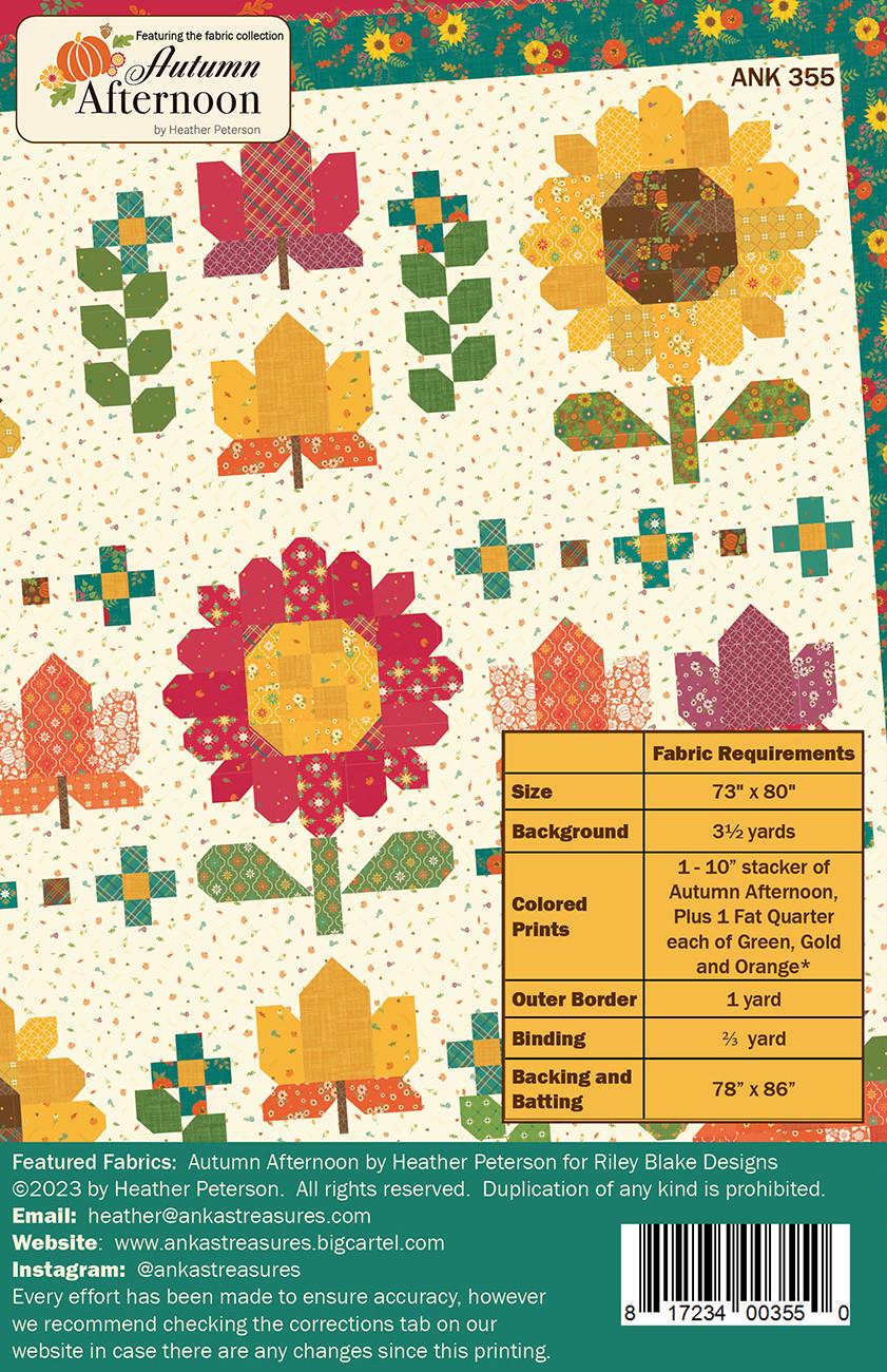 Autumn Afternoon Sampler Quilt Pattern, Anka's Treasures ANK355, Layer Cake Friendly Sunflowers Leaves Pumpkins Fall Quilt Pattern