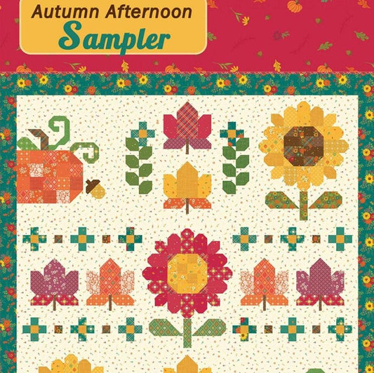 Autumn Afternoon Sampler Quilt Pattern, Anka's Treasures ANK355, Layer Cake Friendly Sunflowers Leaves Pumpkins Fall Quilt Pattern