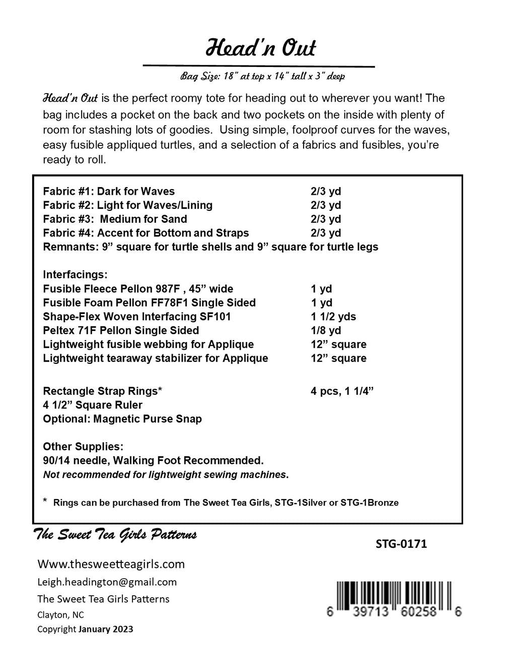 Head'n Out Tote Bag Quilt Pattern, The Sweet Tea Girls STG0171, Yardage Friendly Beach Sea Turtle Tote Bag Pattern