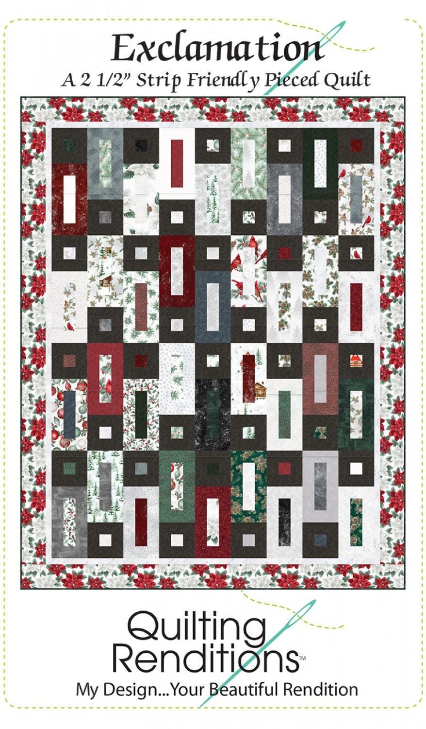 Exclamation Quilt Pattern, Quilting Renditions QR1242, 2.5" Jelly Strip Roll Friendly Throw Twin Queen King Bed Quilt Pattern