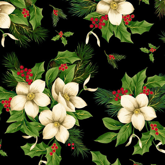 108" Christmas Blooms on Black Wide Quilt Back Fabric, Windham Fabric 53580W-1, Floral Christmas Xmas Wide Quilt Backing, By the Yard