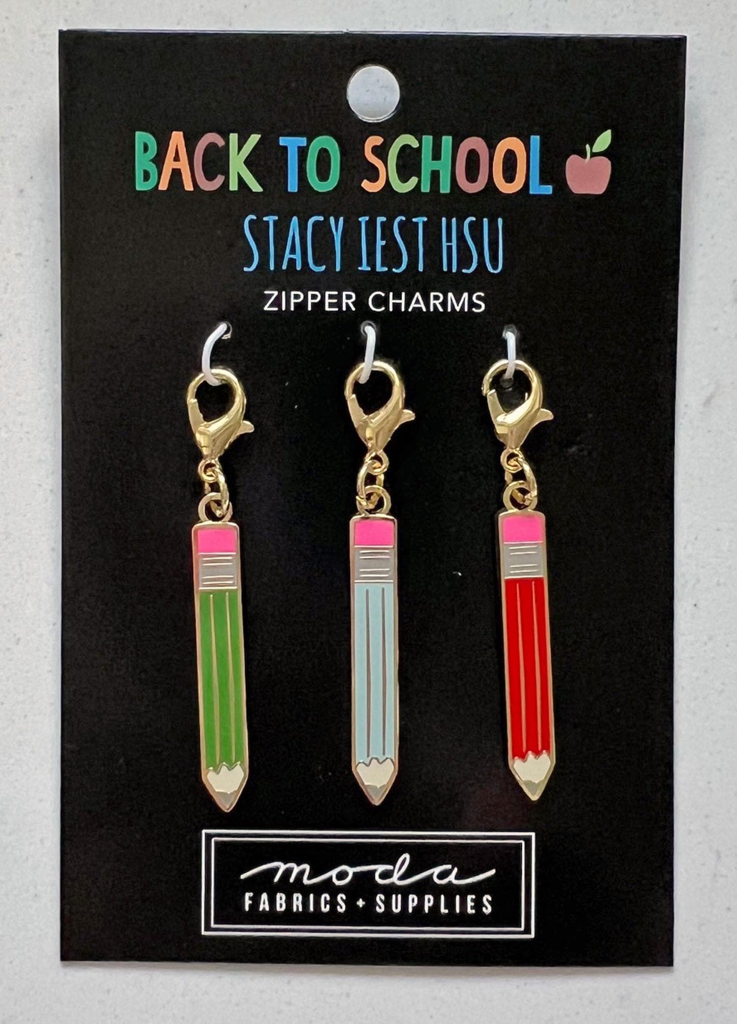 Back to School Pencils Zipper Charms Pulls, Moda SIH168, Sewing Quilting Notions, Metal and Enamel Zipper Pulls Charms, Stacy Iest Hsu