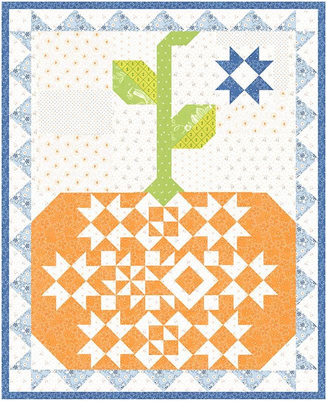 Pumpkin and Denim Quilt Pattern, Fig Tree Quilts FTQ1992, Yardage Friendly Autumn Fall Wall Table Quilt Pattern