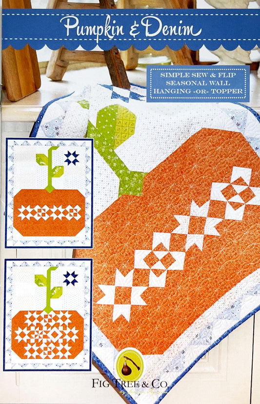 Pumpkin and Denim Quilt Pattern, Fig Tree Quilts FTQ1992, Yardage Friendly Autumn Fall Wall Table Quilt Pattern