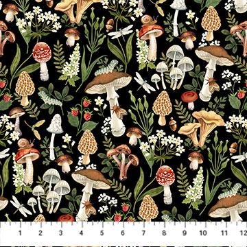 Wild Haravest - Mushrooms on Black Fabric, Northcott DP27510-99, Digitally Printed Mushroom Fabric, Deborah Edwards