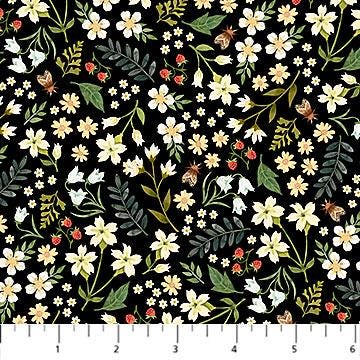 Wild Haravest - Flowers on Black Fabric, Northcott 27515-99, Tiny Flower Toss Fabric, Deborah Edwards