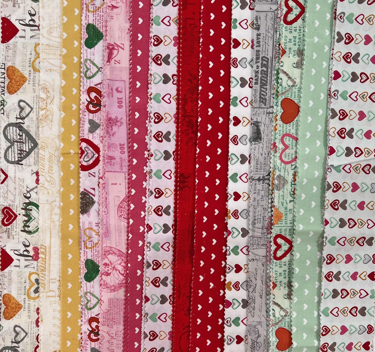 DESTASH Vintage Valentine 2.5" Strips, Clothworks ST0462, 2.5" Precut Pink Red Mint Yellow Valentine's Day Fabric Strips, Anne Bollman