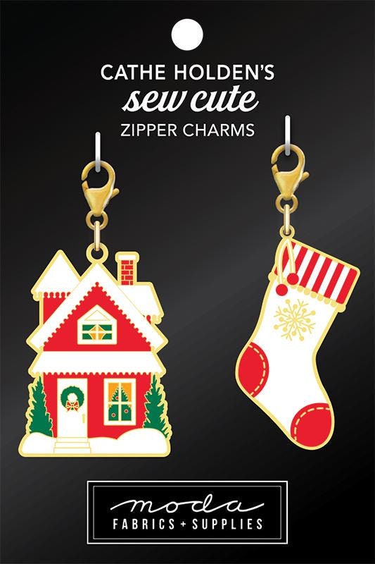 Sew Cute - Christmas House Stocking Zipper Charm Pull, Cathe Holden CH174, Sewing Quilting Notions, Gold Metal and Enamel Zipper Pull Charm