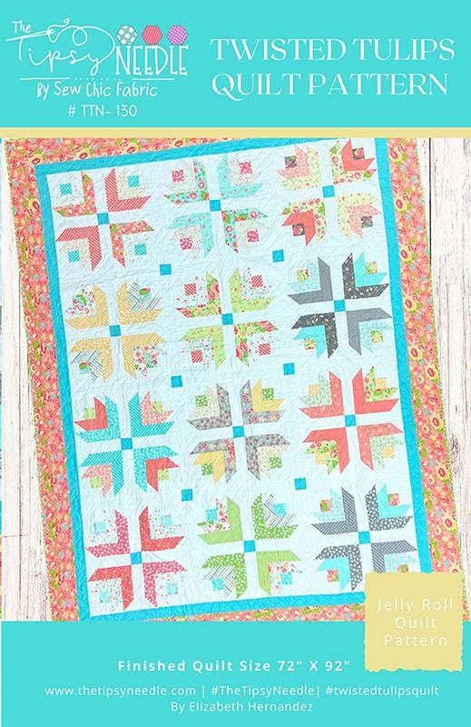 Twisted Tulips Quilt Pattern, The Tipsy Needle TTN130, 2.5" Precut Jelly Roll Strip Friendly Quilt Pattern, Tulip Flower Throw Quilt Pattern