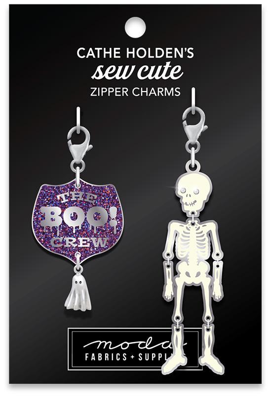 Sew Cute - Skeleton Boo Badge Halloween Zipper Charm Pull, Cathe Holden CH179, Sewing Quilting Notion, Silver Metal Enamel Zipper Pull Charm