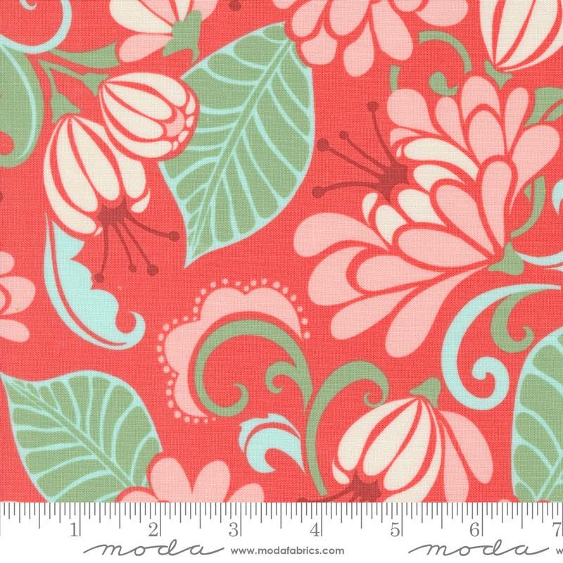 REMNANT 1 Yard 7" of Tango - Sarabande Coral Floral Fabric, Moda 27330 12 Tangerine, Pink Green Blue Flowers on Coral Fabric, Kate Spain