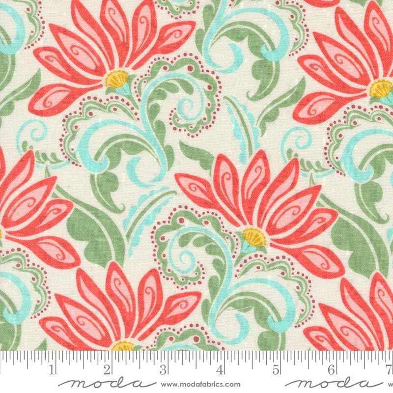 Tango - Valencia Coral Floral on Cream Fabric, Moda 27331 11 Tangerine Cream, Coral Green Flowers on Cream Fabric, Kate Spain, By the Yard