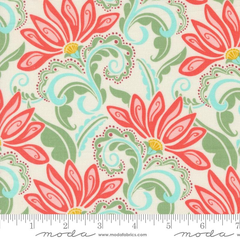 REMNANT 20" of Tango - Valencia Coral Floral on Cream Fabric, Moda 27331 11 Tangerine Cream, Coral Green Flowers on Cream Fabric, Kate Spain