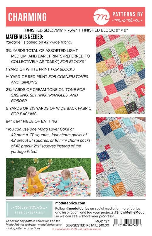 Charming Quilt Pattern, Moda MOD137, Layer Cake Charm Square Friendly Patchwork Throw Quilt Pattern