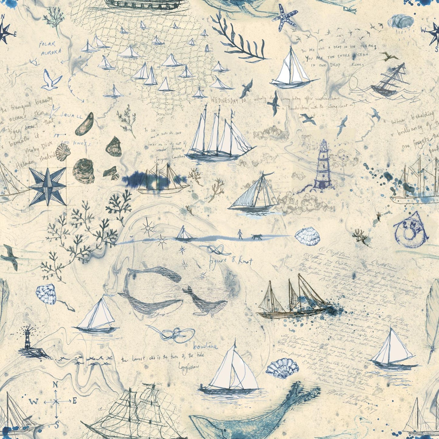 Longshore Charm Pack, Moda 24610PP, 5" Precut Coastal Nautical Sailboats Maps Quilt Fabric Squares, Janet Clare