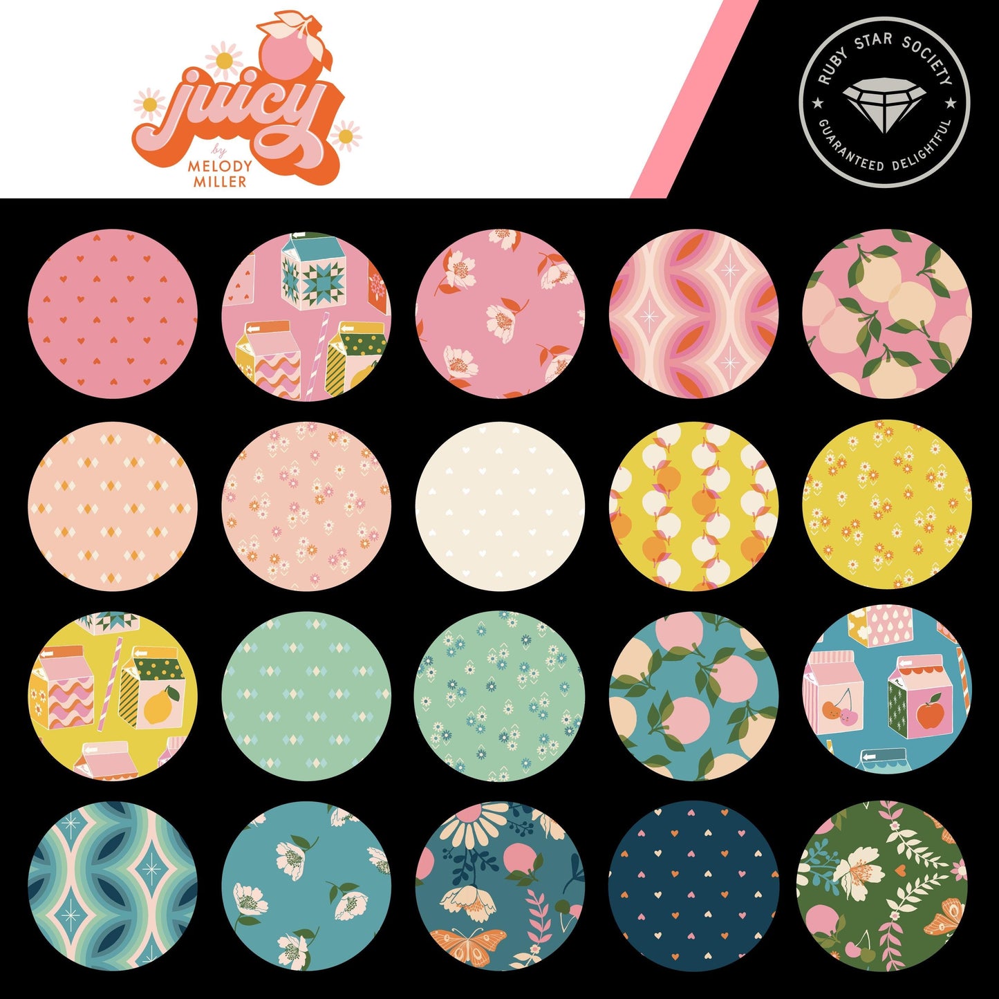 Juicy Charm Pack, Moda RS0085PP, 5" Precut Fabric Squares, Modern Contemporary Floral Charm Pack Fabric, Melody Miller, Ruby Star Society