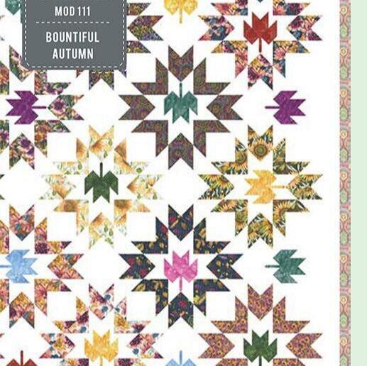 Bountiful Autumn Quilt Pattern, Moda MOD111, Fat Quarter FQ Friendly Fall Leaves Stars Square Throw Bed Quilt Pattern