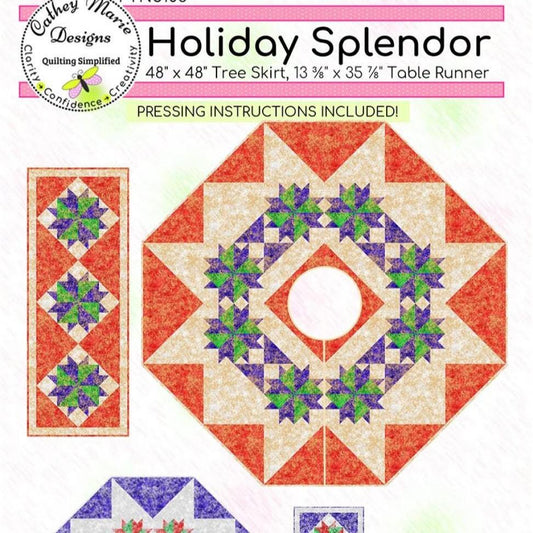 Holiday Splendor Tree Skirt Table Runner Quilt Pattern, Cathey Marie Designs CMD197, Christmas Xmas Tree Skirt Quilt Pattern, Y Block Ruler